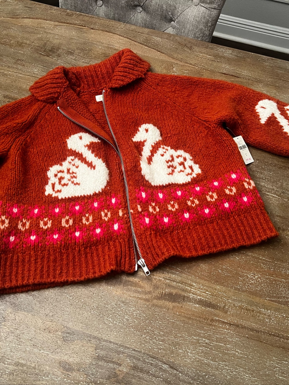Maeve Burnt Orange Zip-Front Swan Knit Cardigan with Pink Accents